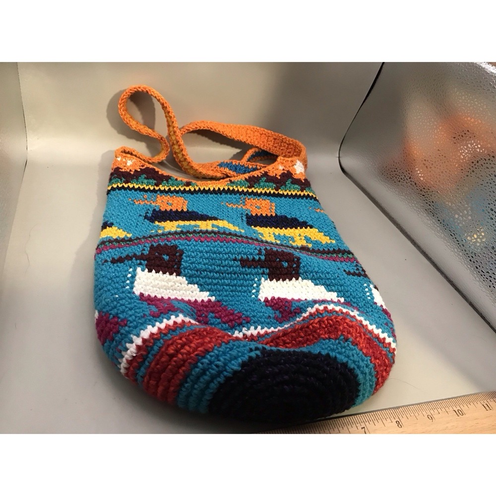 Colorful Crocheted Hand Bag Purse No Brand Blue Interior